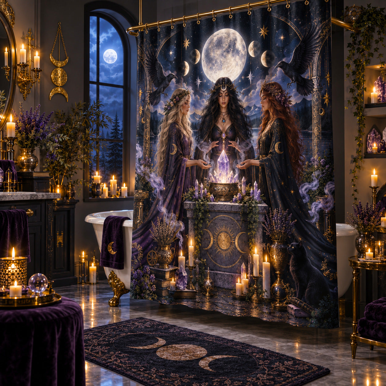 Witch Sisters Shower Curtain - Crystal Moon Ritual Decor, styled shot 2