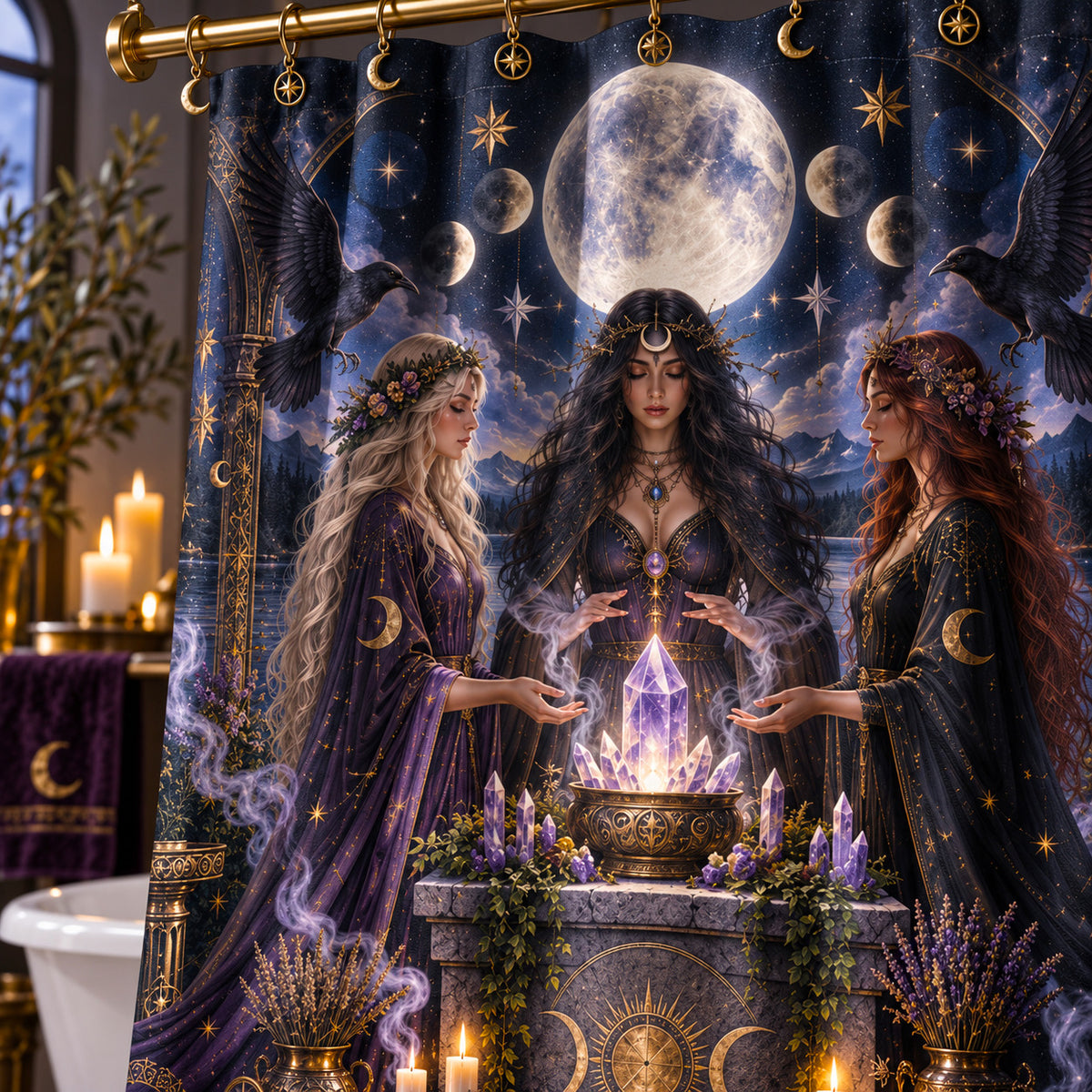 Witch Sisters Shower Curtain - Crystal Moon Ritual Decor, styled shot 4