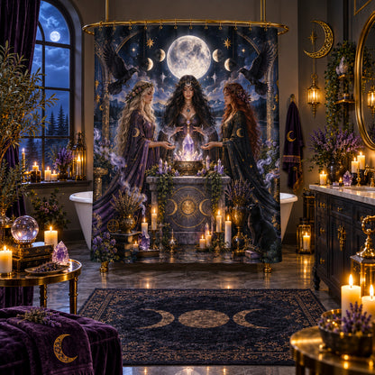 Witch Sisters Shower Curtain - Crystal Moon Ritual Decor, styled shot 5
