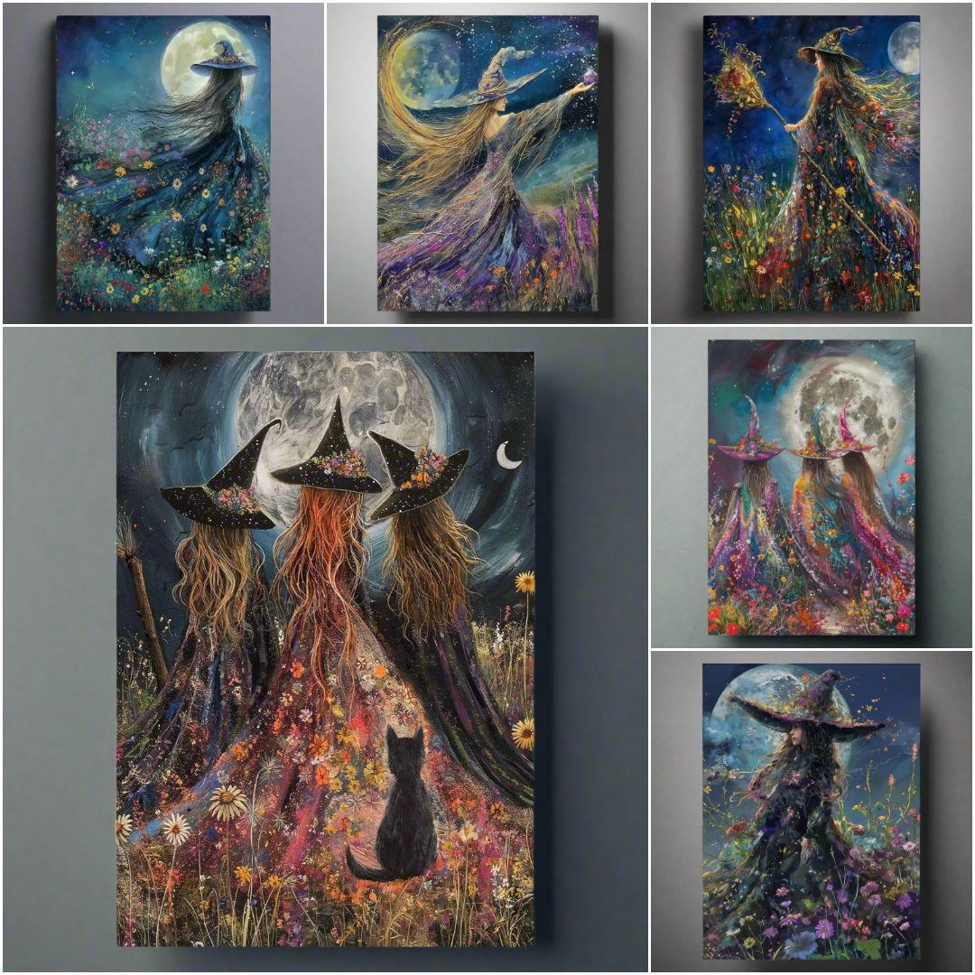 Halloween Full Moon Dark Witch in Wildflowers Mystical Witch Poster Wall Art-MoonChildWorld