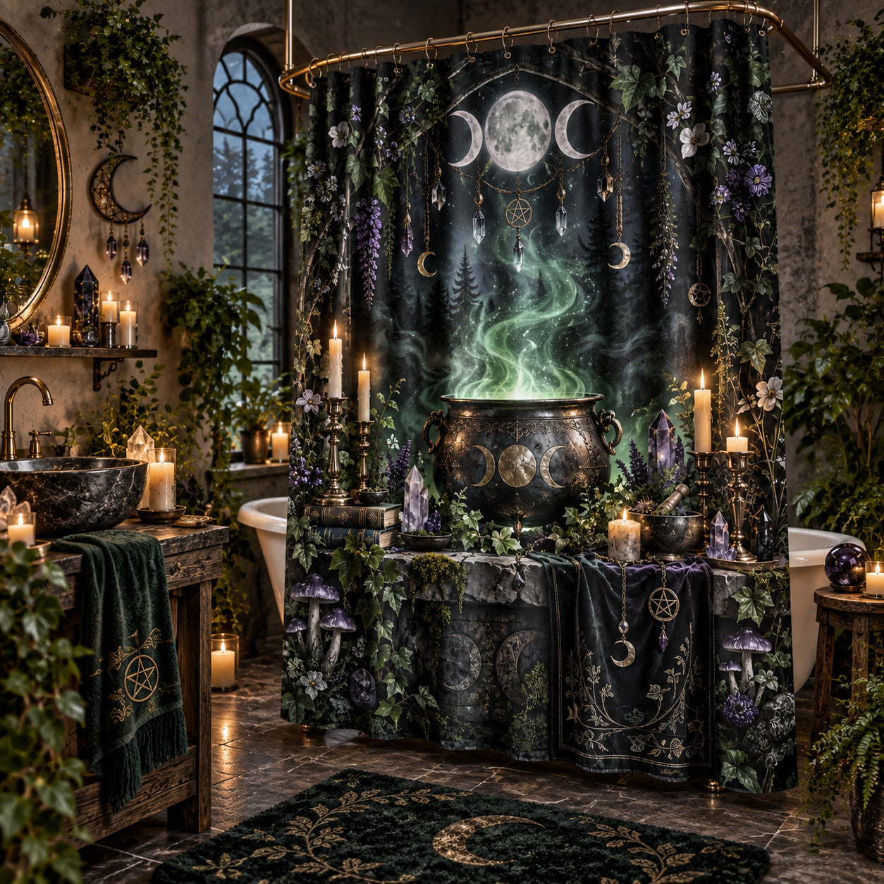 Witchcraft Shower Curtain - Midnight Cauldron Ritual Decor, styled shot 2