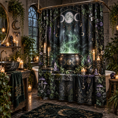 Witchcraft Shower Curtain - Midnight Cauldron Ritual Decor, styled shot 2