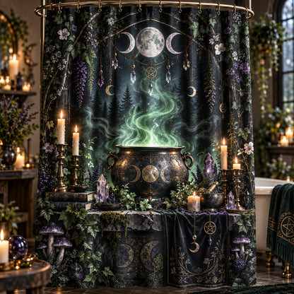 Witchcraft Shower Curtain - Midnight Cauldron Ritual Decor, styled shot 4