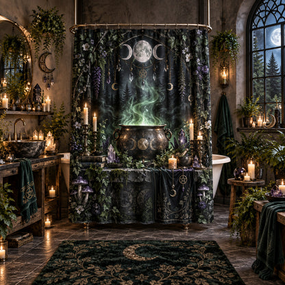 Witchcraft Shower Curtain - Midnight Cauldron Ritual Decor, styled shot 5