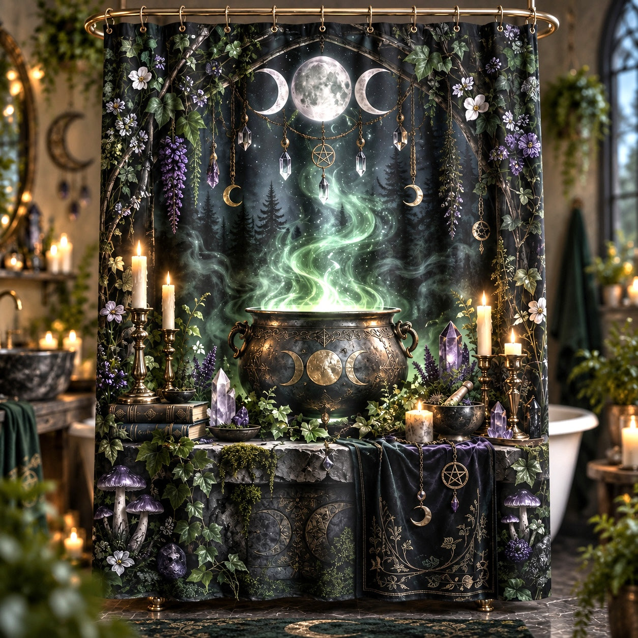 Witchcraft Shower Curtain - Midnight Cauldron Ritual Decor