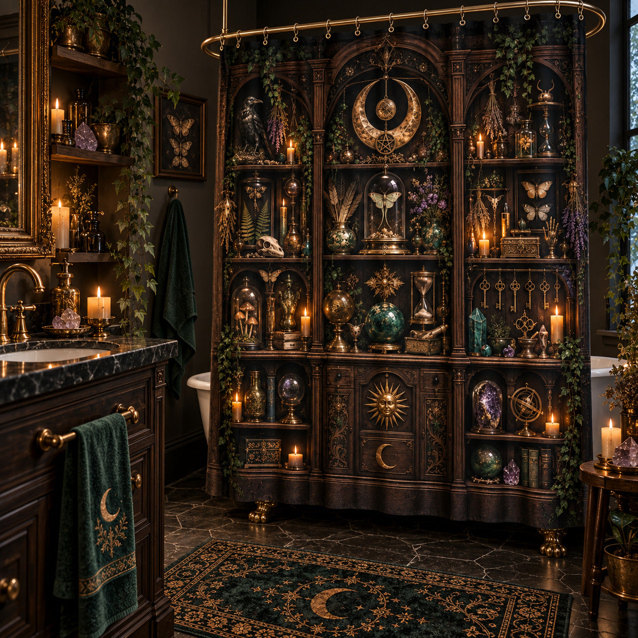 Witchy Shower Curtain - Apothecary Cabinet Occult Curio Decor, styled shot 2