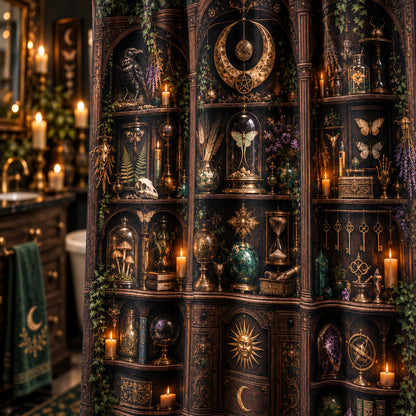 Witchy Shower Curtain - Apothecary Cabinet Occult Curio Decor, styled shot 4