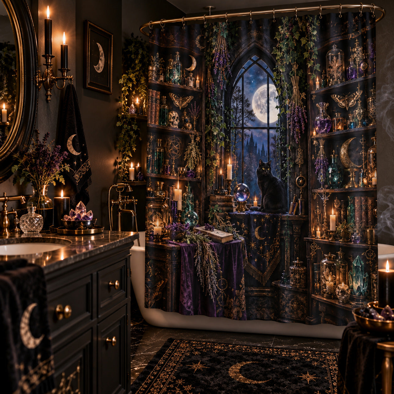 Witchy Shower Curtain - Gothic Apothecary Black Cat Decor, styled shot 2