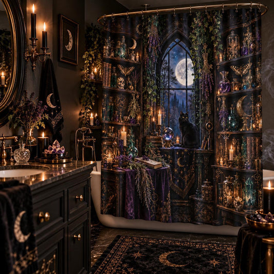 Witchy Shower Curtain - Gothic Apothecary Black Cat Decor, styled shot 2