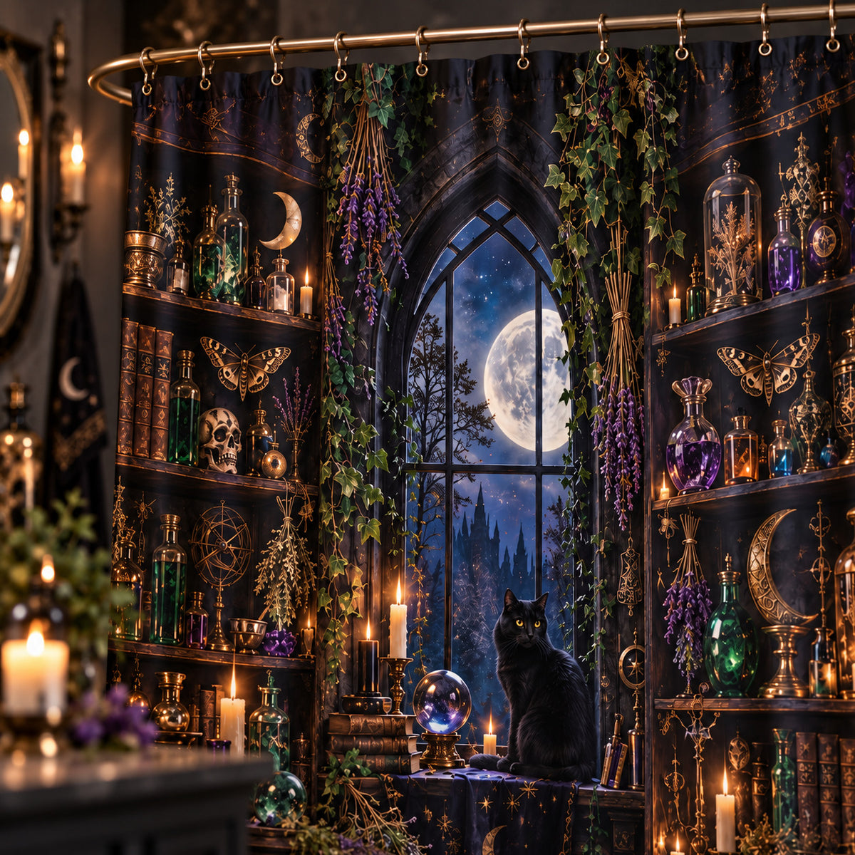 Witchy Shower Curtain - Gothic Apothecary Black Cat Decor, styled shot 3