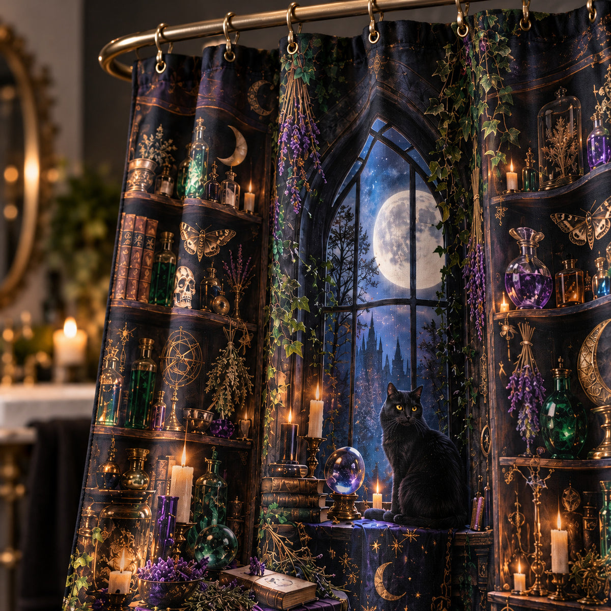 Witchy Shower Curtain - Gothic Apothecary Black Cat Decor, styled shot 4