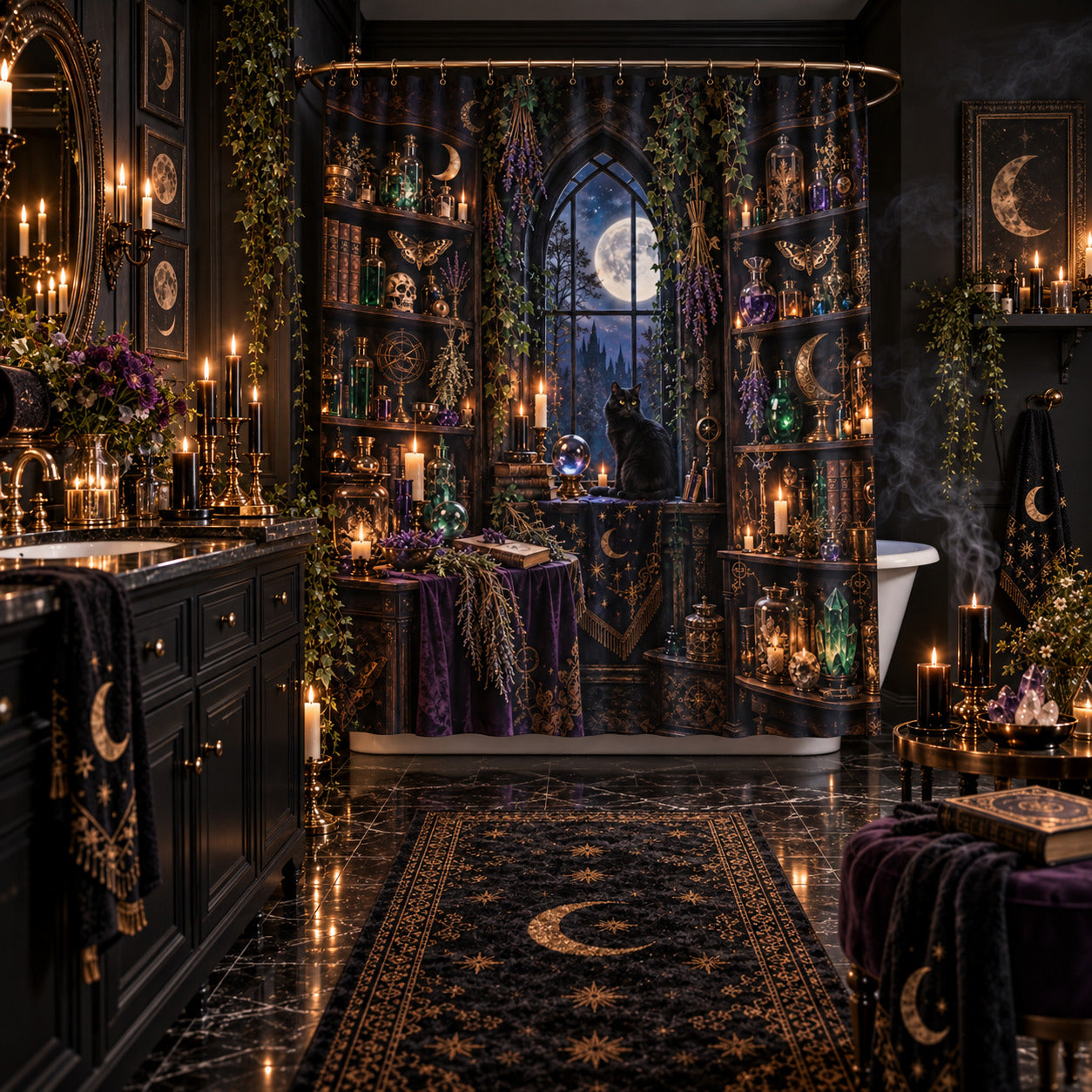 Witchy Shower Curtain - Gothic Apothecary Black Cat Decor, styled shot 5