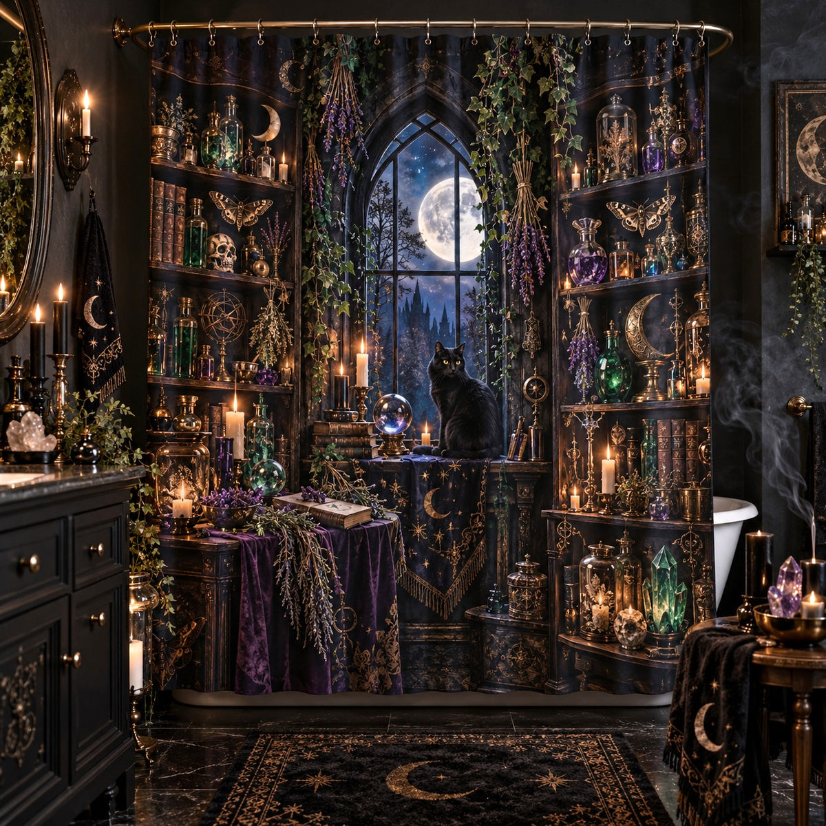 Witchy Shower Curtain - Gothic Apothecary Black Cat Decor