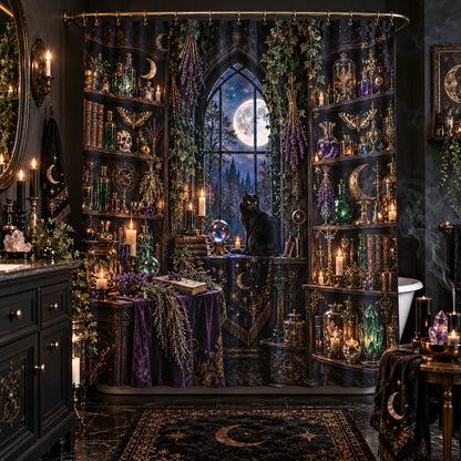 Witchy Shower Curtain - Gothic Apothecary Black Cat Decor