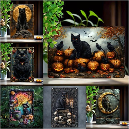 Halloween Wall Art Witchy Black Cat Metal Sign Spooky Home Decor