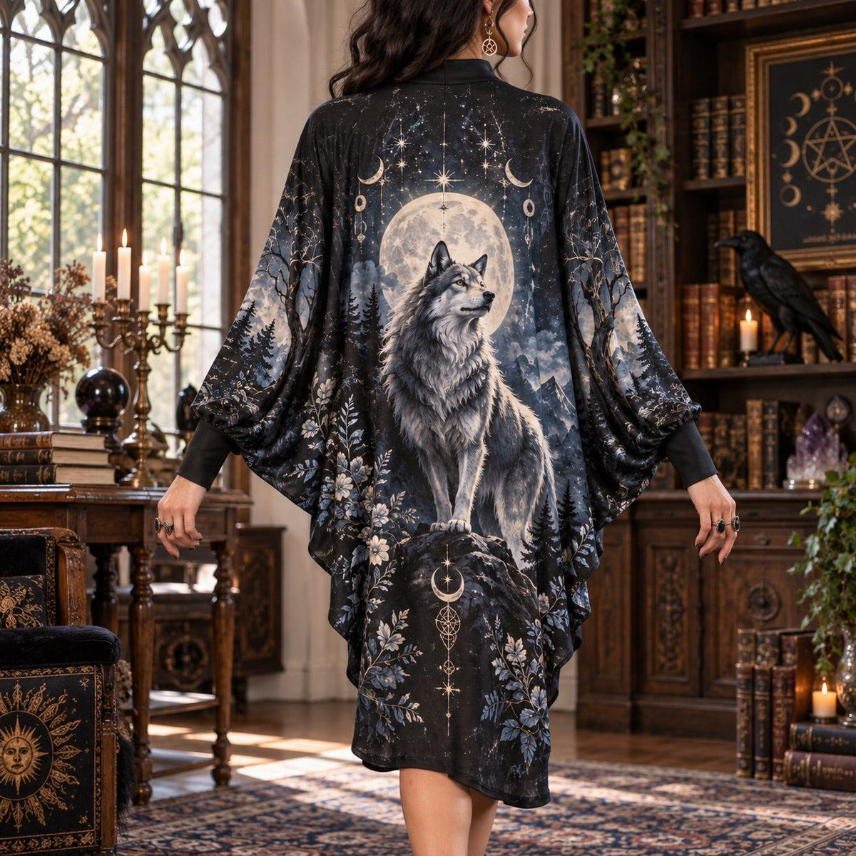 Wolf Moon Gothic Batwing Dress – Witchy Pagan Full Moon Forest Midi – worn, back view