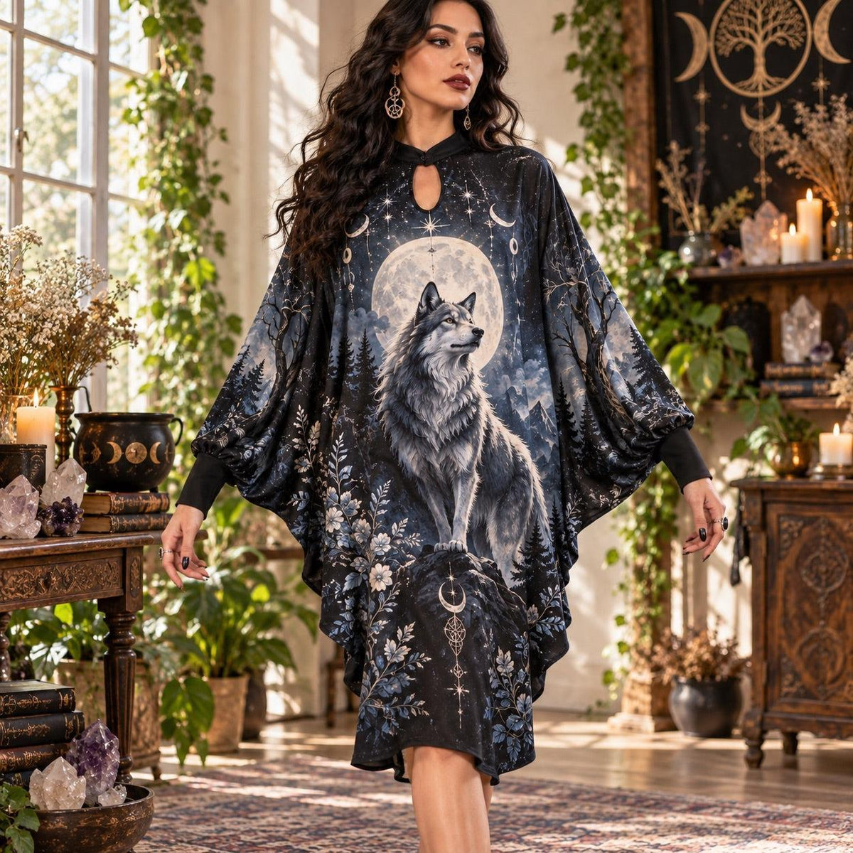 Wolf Moon Gothic Batwing Dress – Witchy Pagan Full Moon Forest Midi – worn, in motion