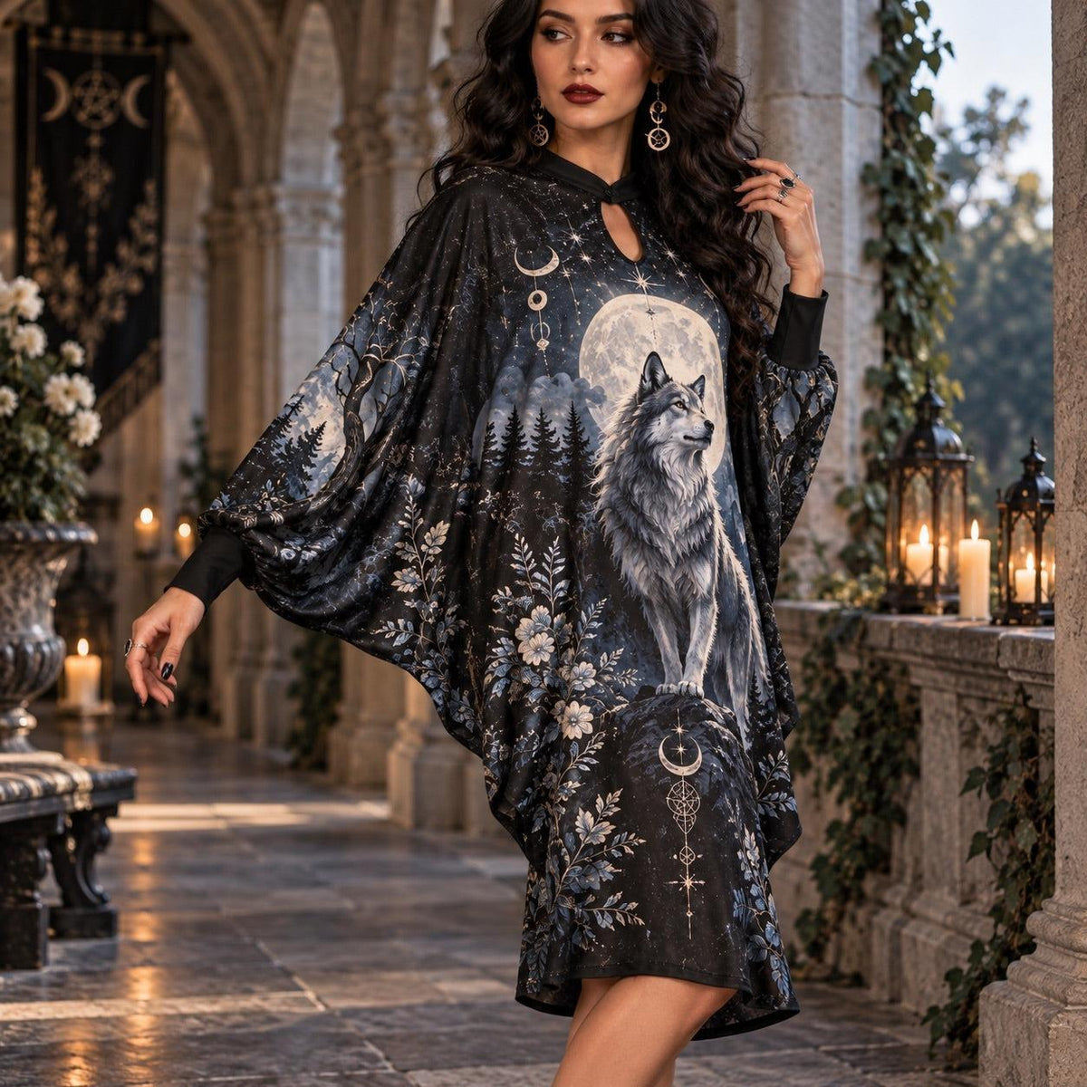 Wolf Moon Gothic Batwing Dress – Witchy Pagan Full Moon Forest Midi – worn, three quarter view