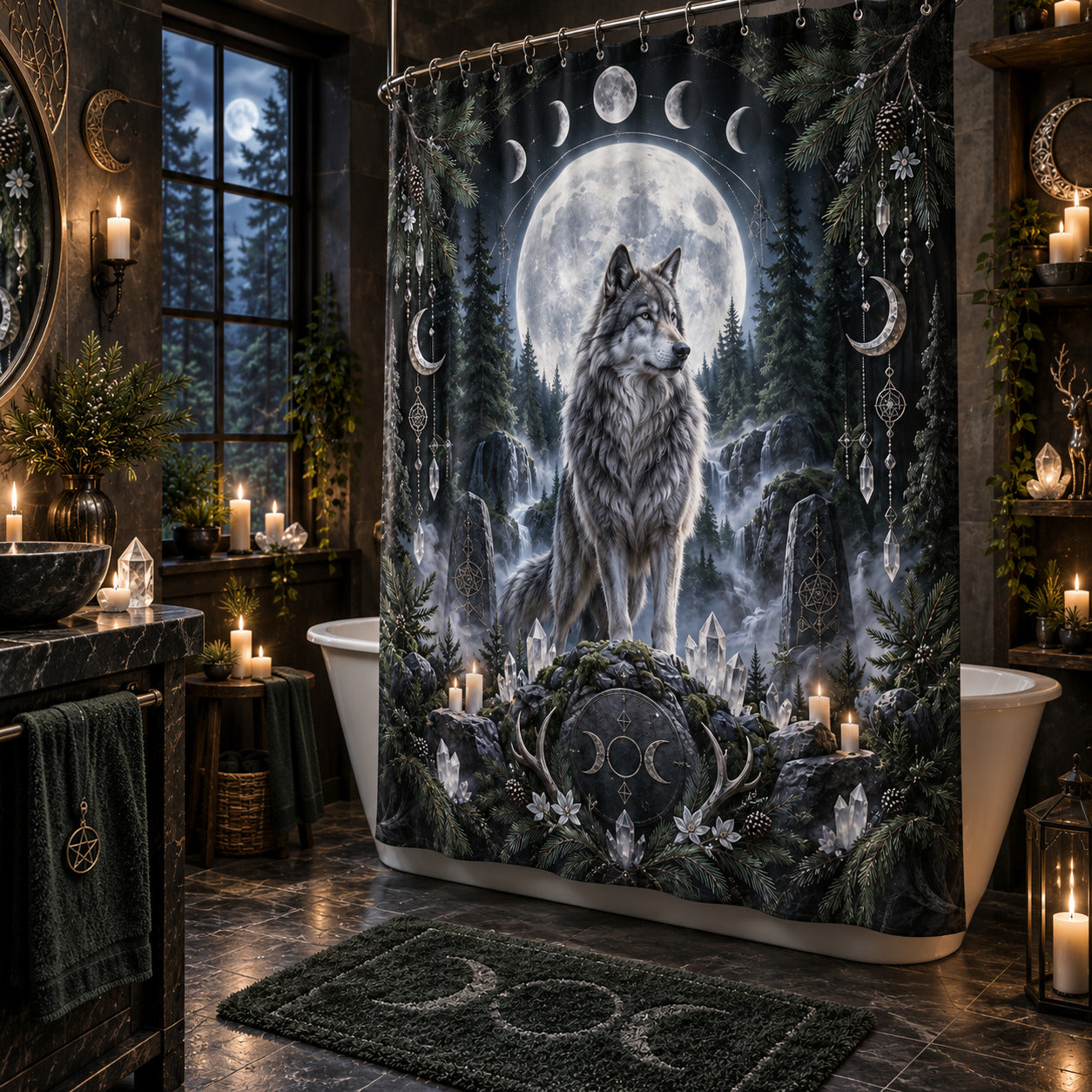Wolf Shower Curtain - Full Moon Pagan Winter Forest Decor, styled shot 2