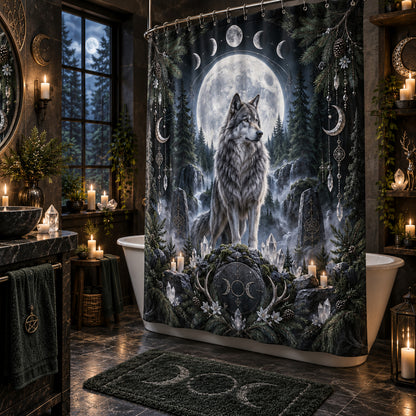 Wolf Shower Curtain - Full Moon Pagan Winter Forest Decor, styled shot 2