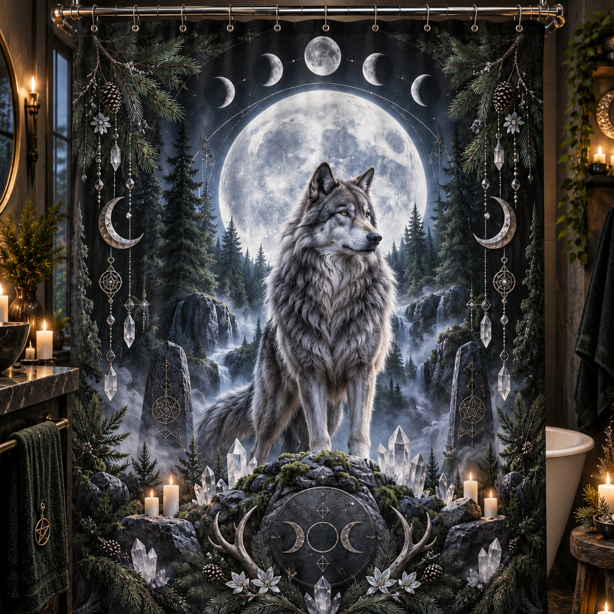 Wolf Shower Curtain - Full Moon Pagan Winter Forest Decor, styled shot 3