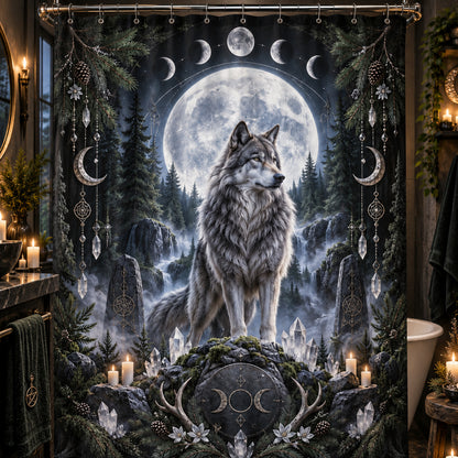Wolf Shower Curtain - Full Moon Pagan Winter Forest Decor, styled shot 3