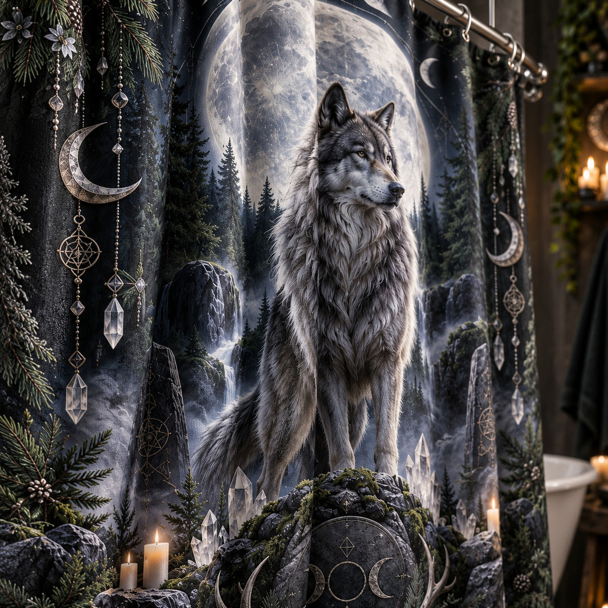 Wolf Shower Curtain - Full Moon Pagan Winter Forest Decor, styled shot 4