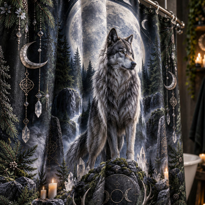 Wolf Shower Curtain - Full Moon Pagan Winter Forest Decor, styled shot 4
