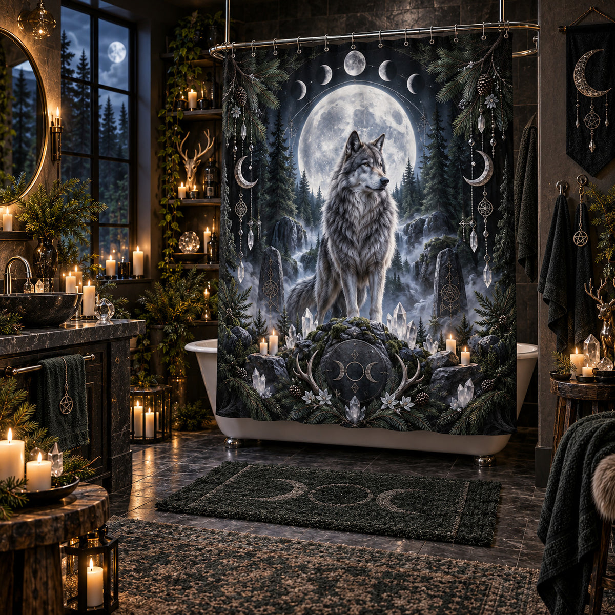 Wolf Shower Curtain - Full Moon Pagan Winter Forest Decor, styled shot 5