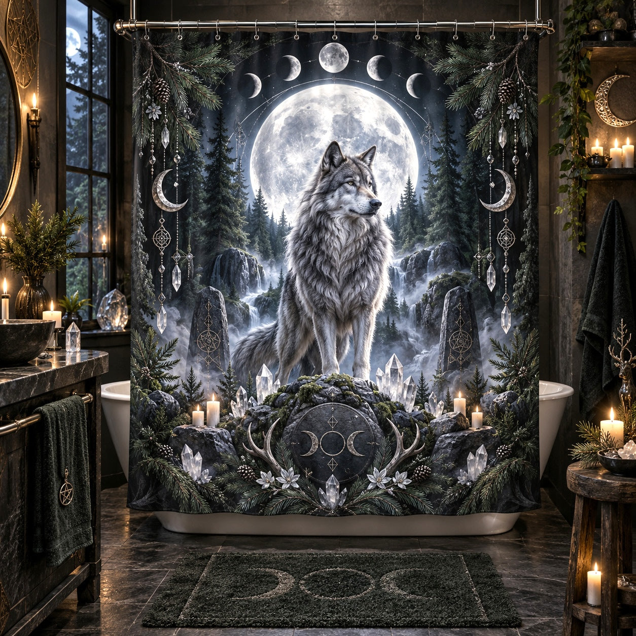 Wolf Shower Curtain - Full Moon Pagan Winter Forest Decor