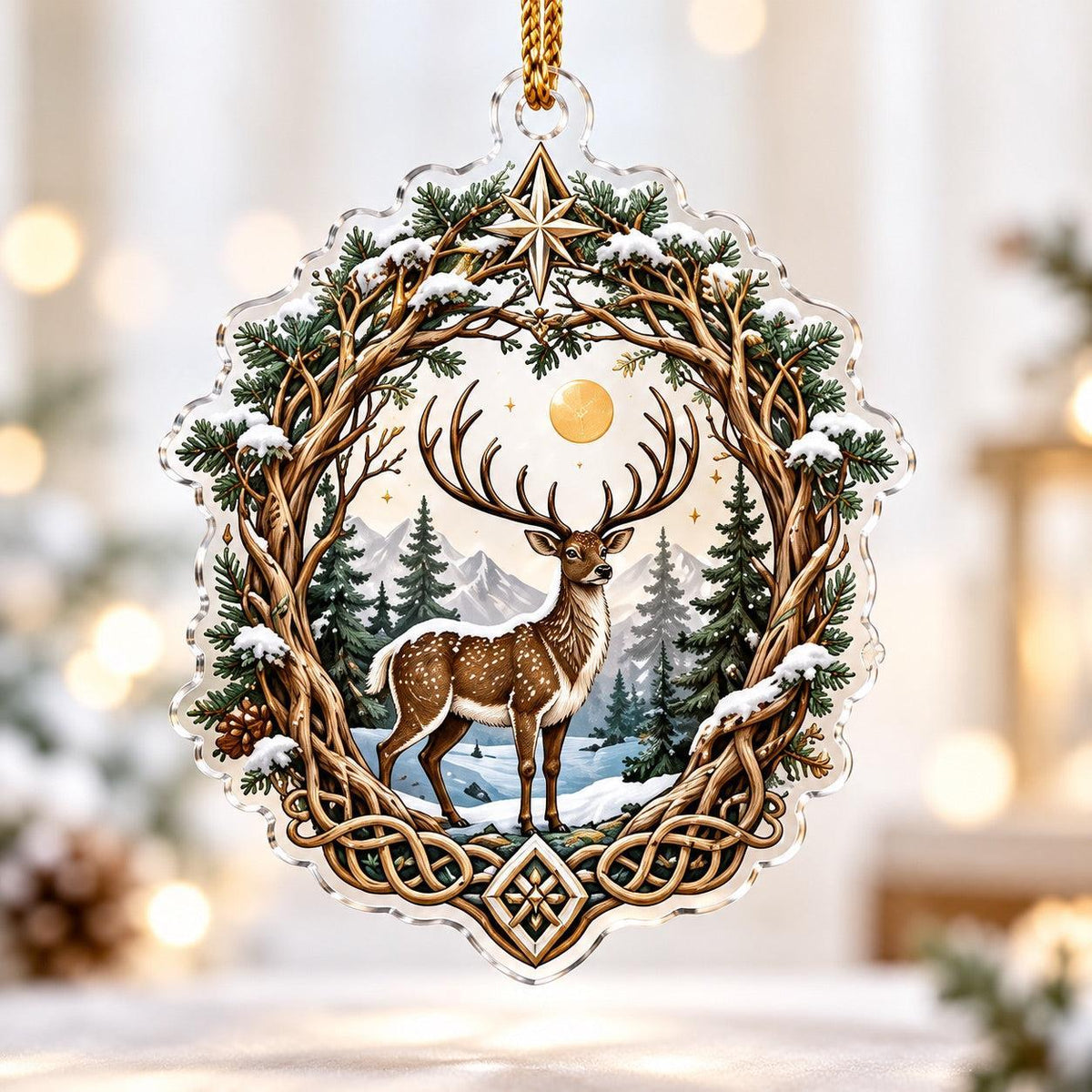 Yggdrasil Tree of Life Norse Acrylic Ornament Set – Pagan Yule Decor – Winter Stag Wreath ornament