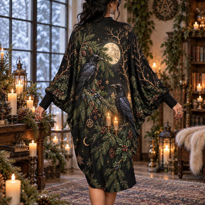 Yule Raven Moon Pagan Batwing Dress – Winter Witchy Evergreen Midi – worn, back view