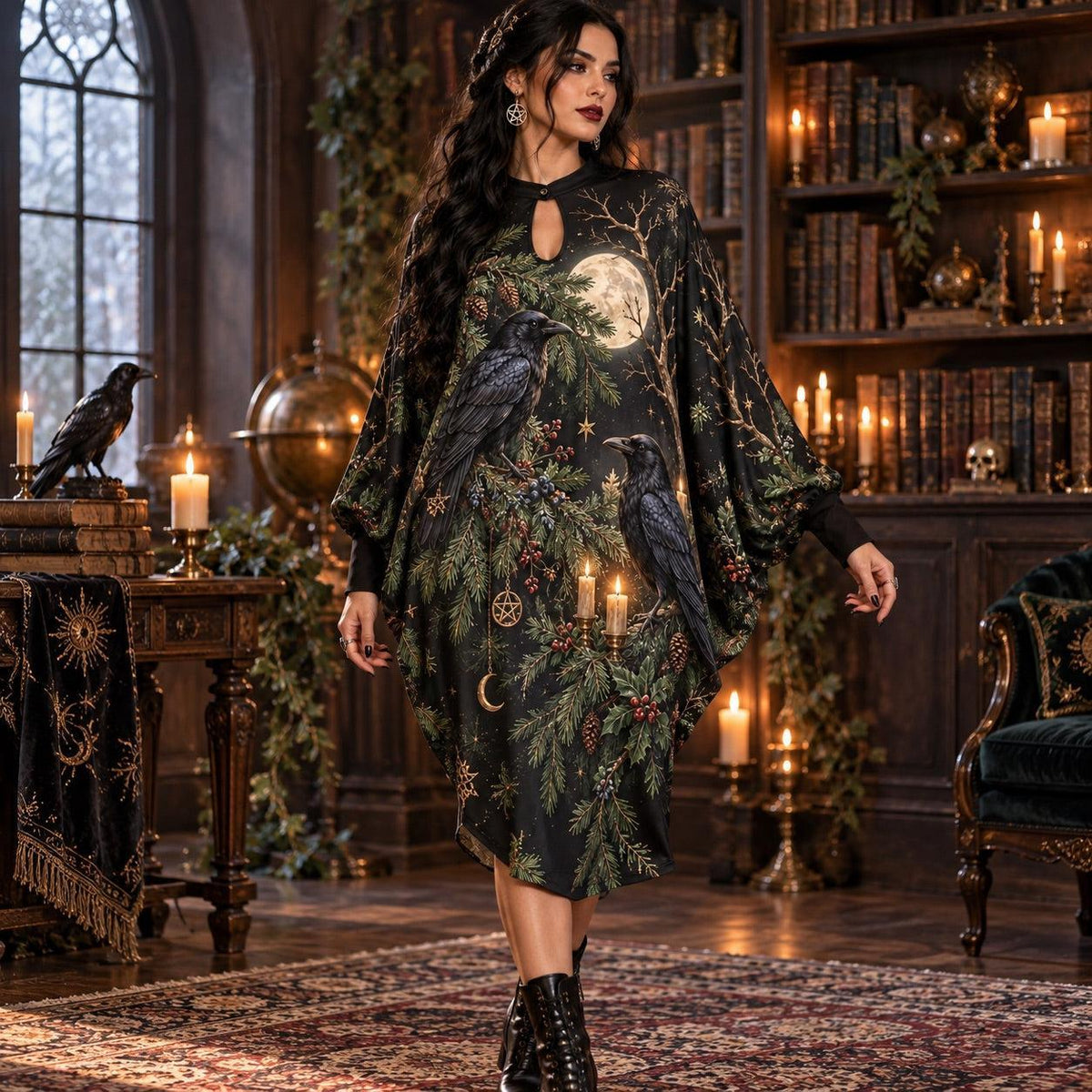 Yule Raven Moon Pagan Batwing Dress – Winter Witchy Evergreen Midi – worn, in motion