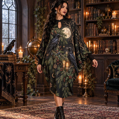 Yule Raven Moon Pagan Batwing Dress – Winter Witchy Evergreen Midi – worn, in motion