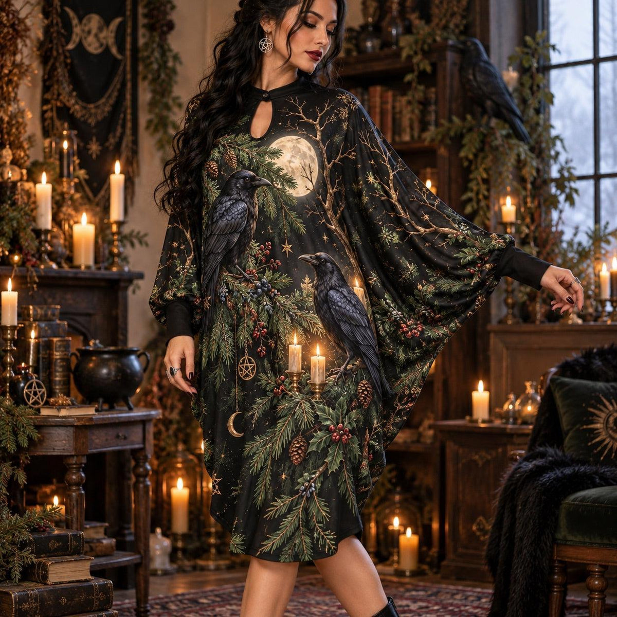 Yule Raven Moon Pagan Batwing Dress – Winter Witchy Evergreen Midi – worn, three quarter view