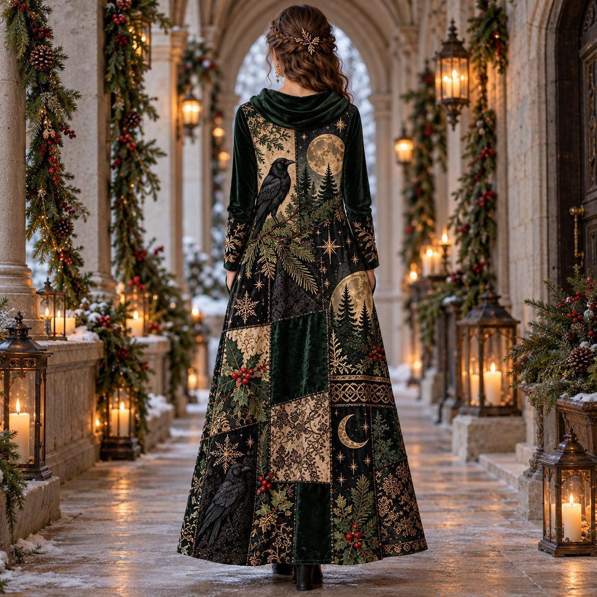 Yule Raven Pagan Cowl Neck Dress – Gothic Winter Evergreen Maxi – worn, back view