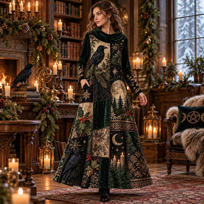 Yule Raven Pagan Cowl Neck Dress – Gothic Winter Evergreen Maxi – worn, three quarter view