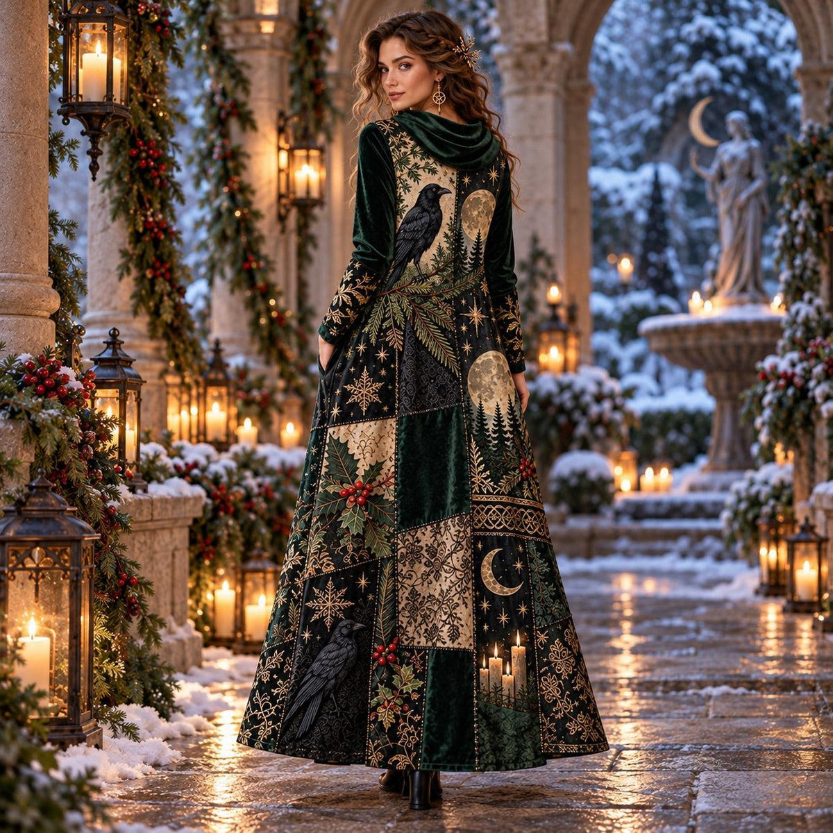Yule Raven Pagan Cowl Neck Dress – Gothic Winter Evergreen Maxi – worn, three quarter view