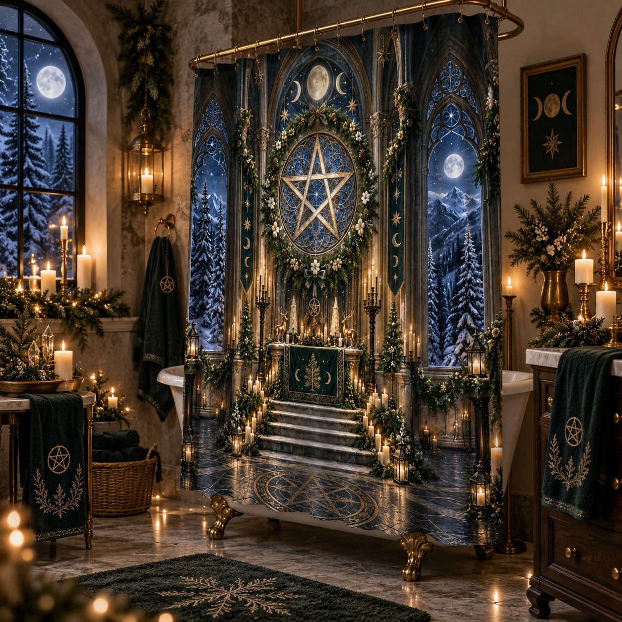 Yule Shower Curtain - Gothic Pentacle Cathedral Pagan Decor, styled shot 2