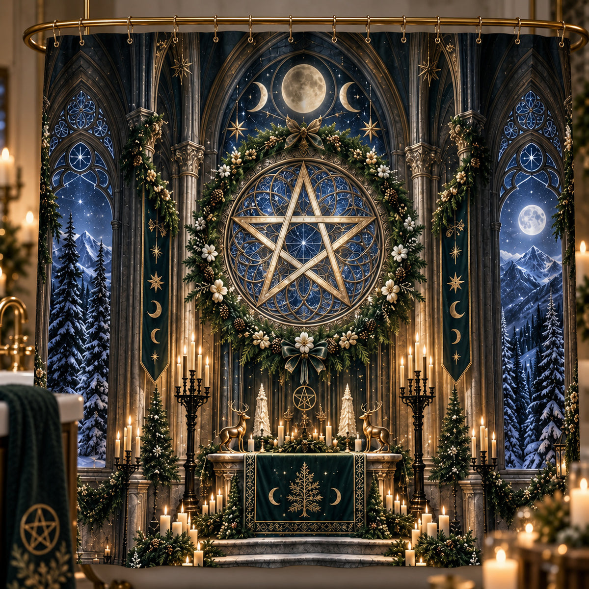 Yule Shower Curtain - Gothic Pentacle Cathedral Pagan Decor, styled shot 3