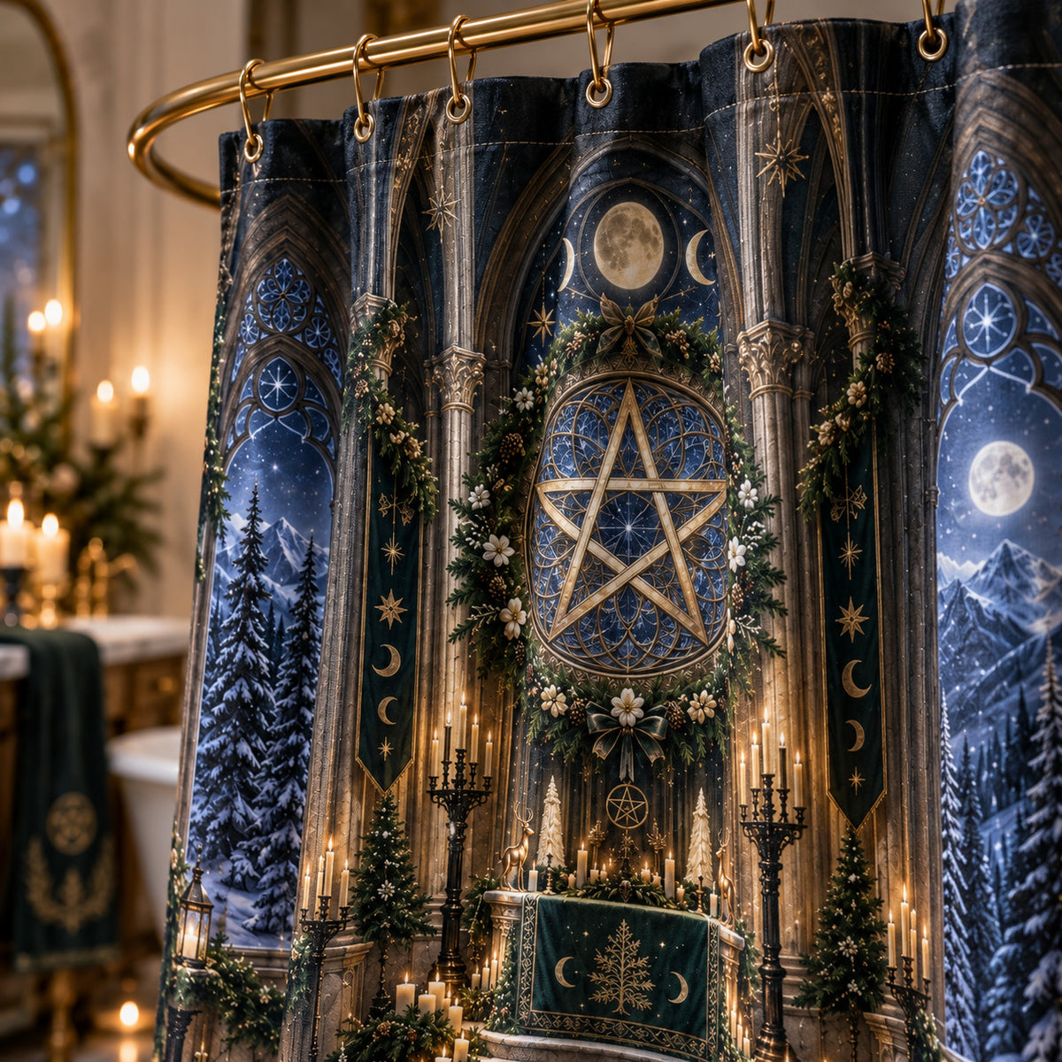 Yule Shower Curtain - Gothic Pentacle Cathedral Pagan Decor, styled shot 4