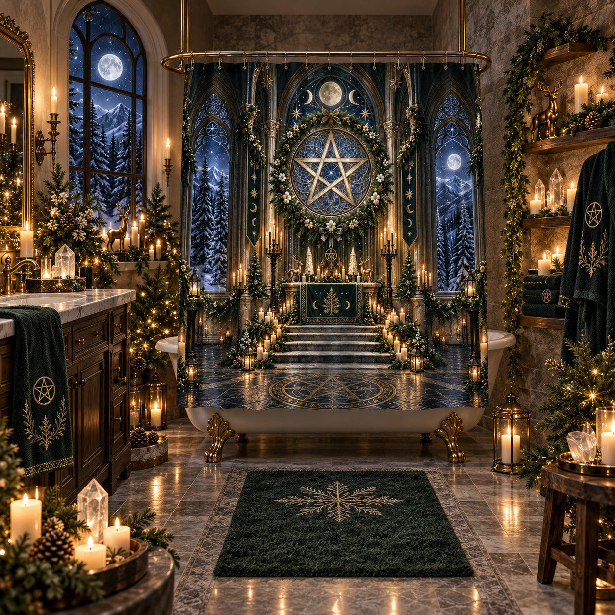 Yule Shower Curtain - Gothic Pentacle Cathedral Pagan Decor, styled shot 5