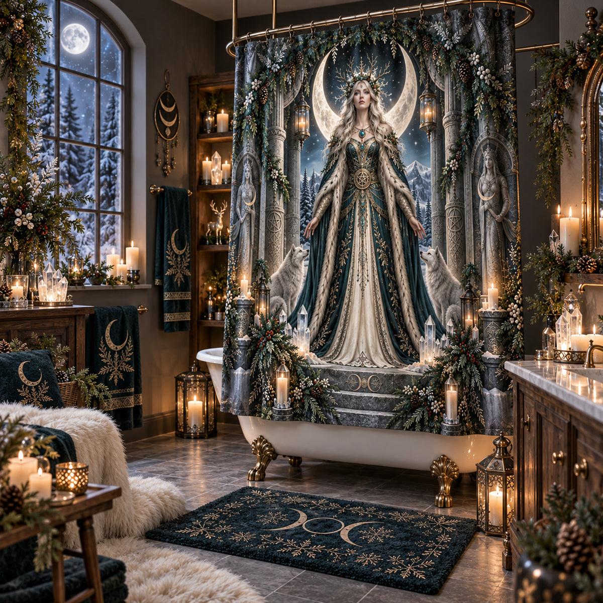 Yule Shower Curtain - Moon Goddess Pagan Winter Wolf Decor, styled shot 2