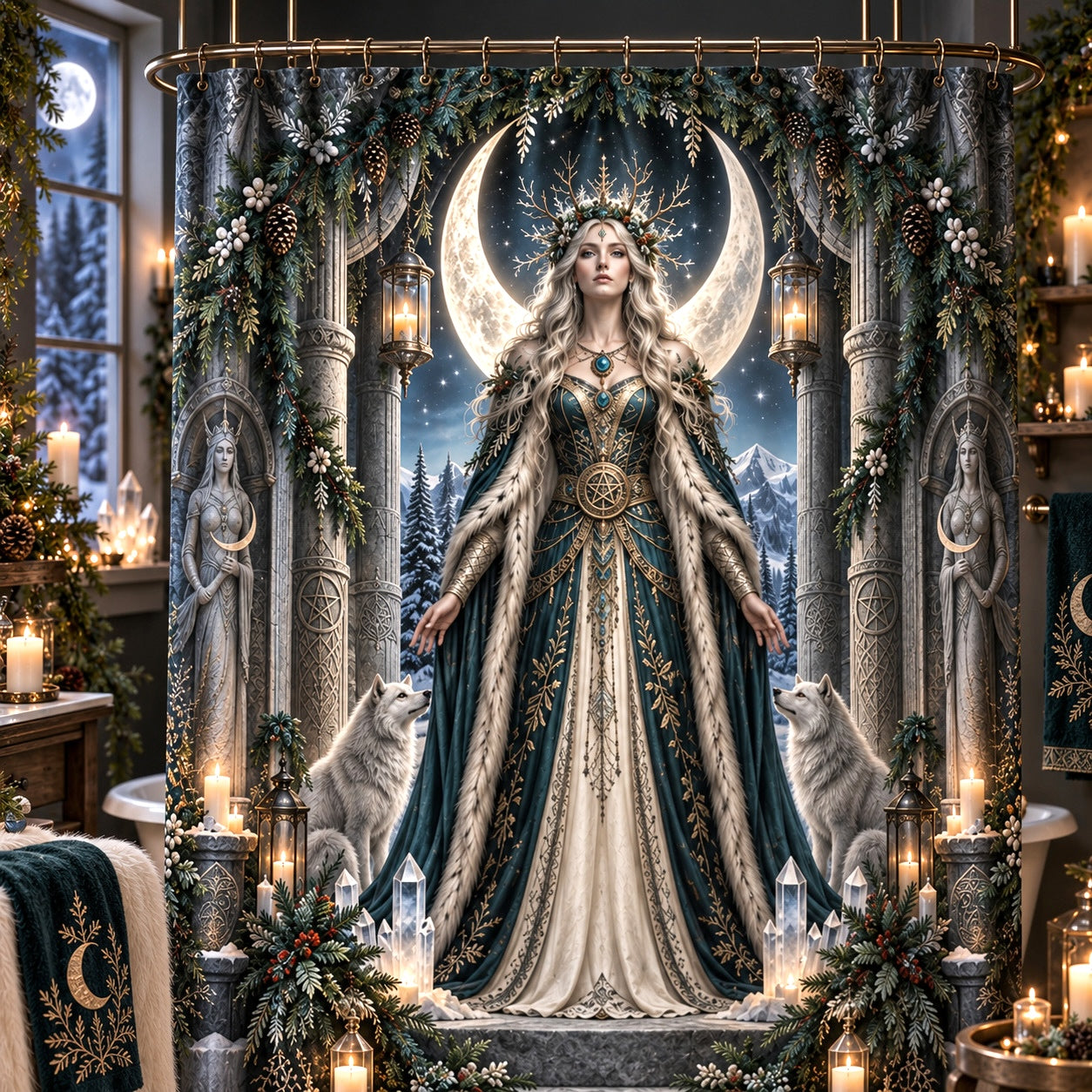 Yule Shower Curtain - Moon Goddess Pagan Winter Wolf Decor