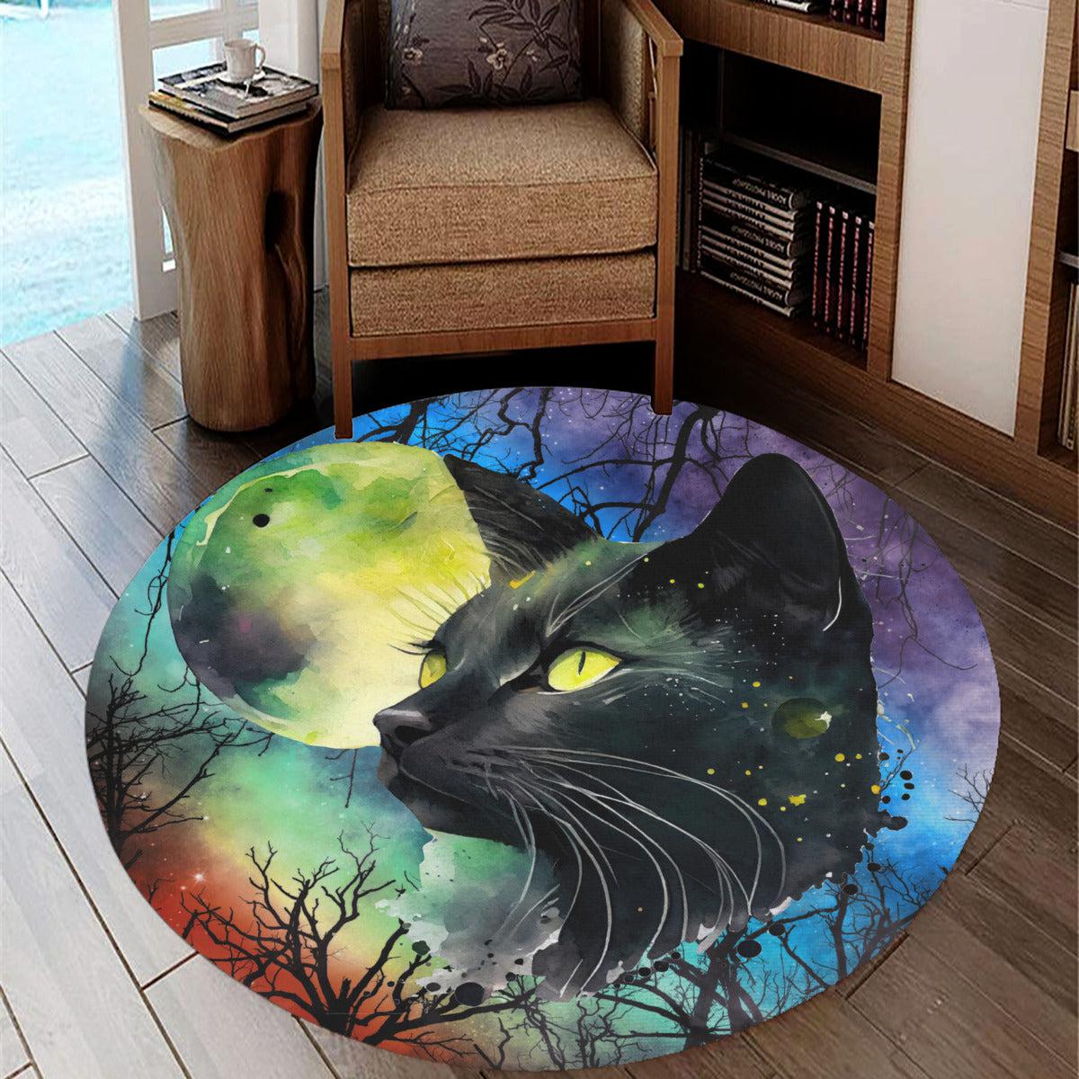 Moon Black Cat Round Rug Halloween Rug-MoonChildWorld