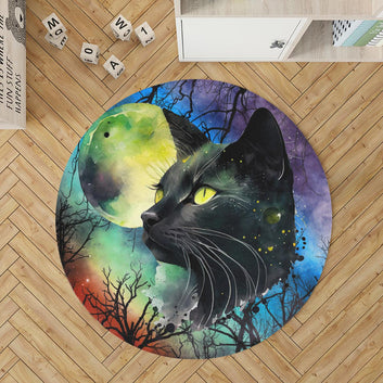 Moon Black Cat Round Rug Halloween Rug-MoonChildWorld