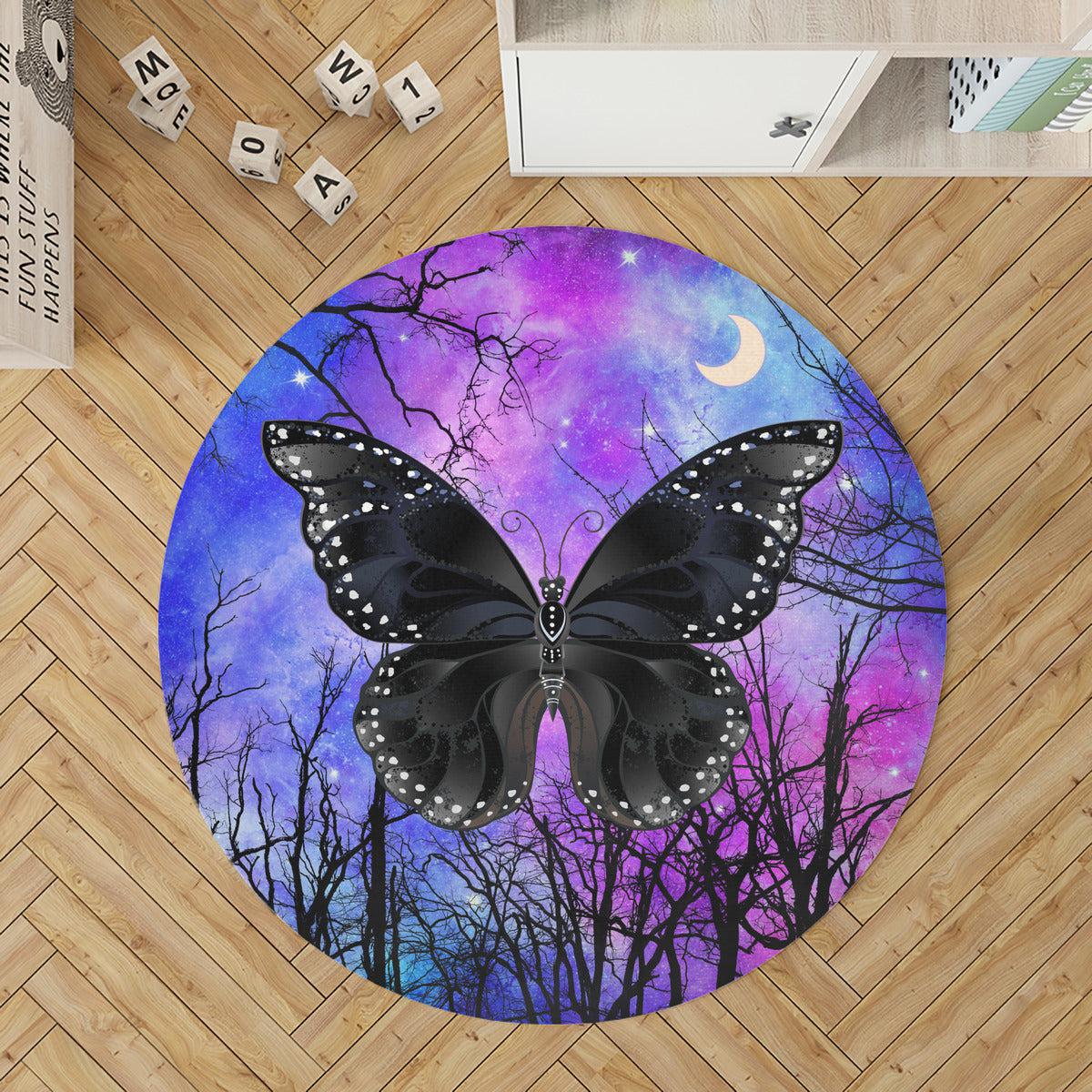 Magic Black Butterfly Round Rug-MoonChildWorld