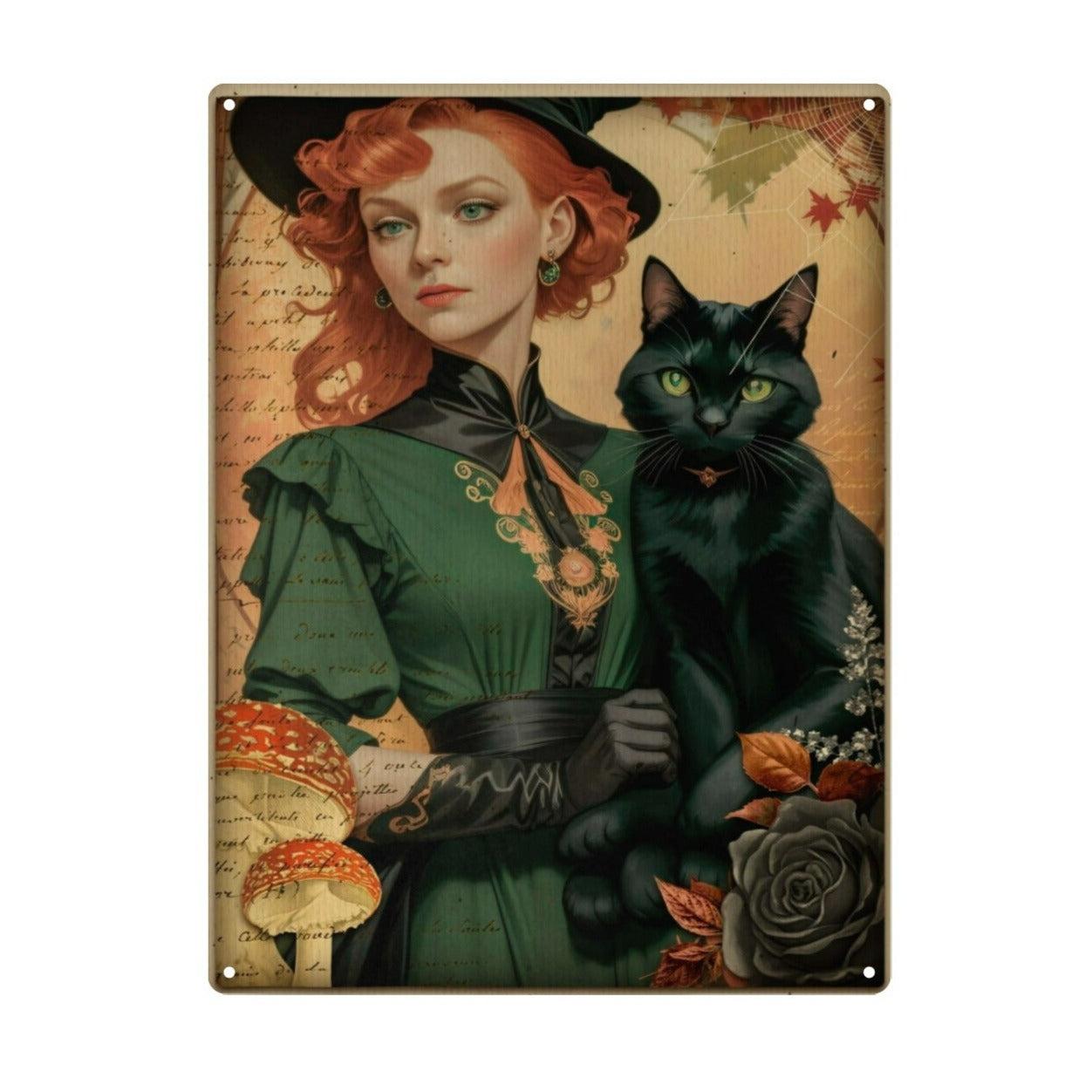 Black cat Autumn Witch Metal Sign-MoonChildWorld