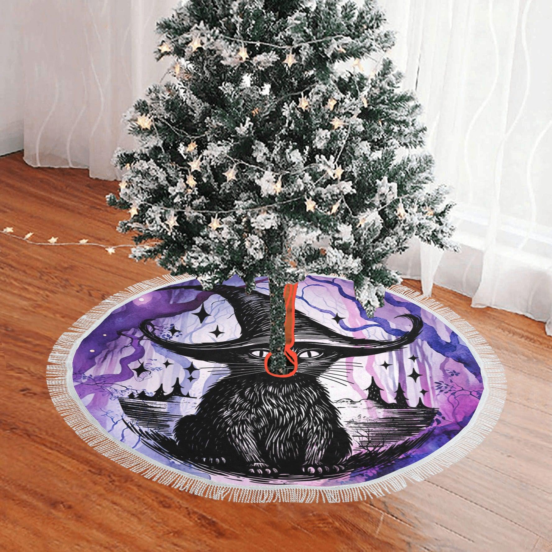 Black cat Witch Christmas Tree Skirt-MoonChildWorld