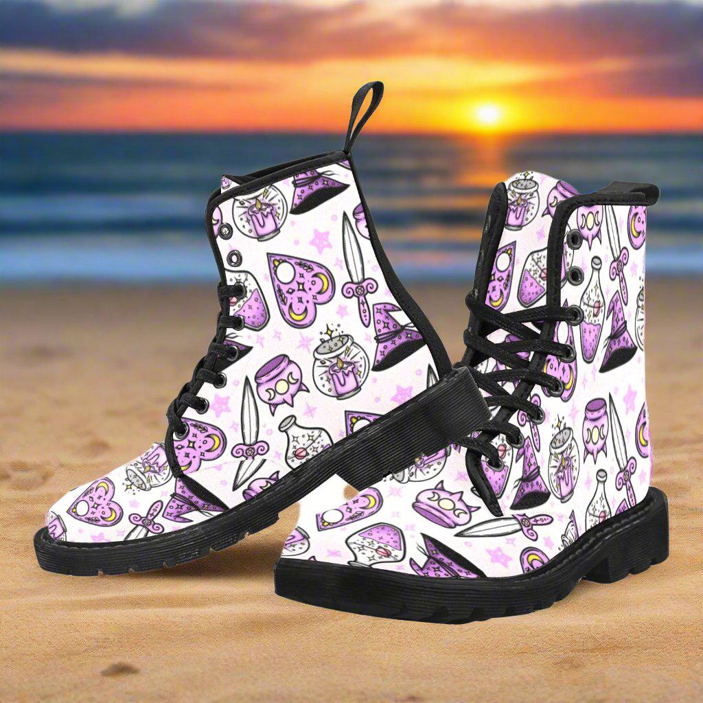 Pastel Pink Celestial Witch Martin Boots-MoonChildWorld